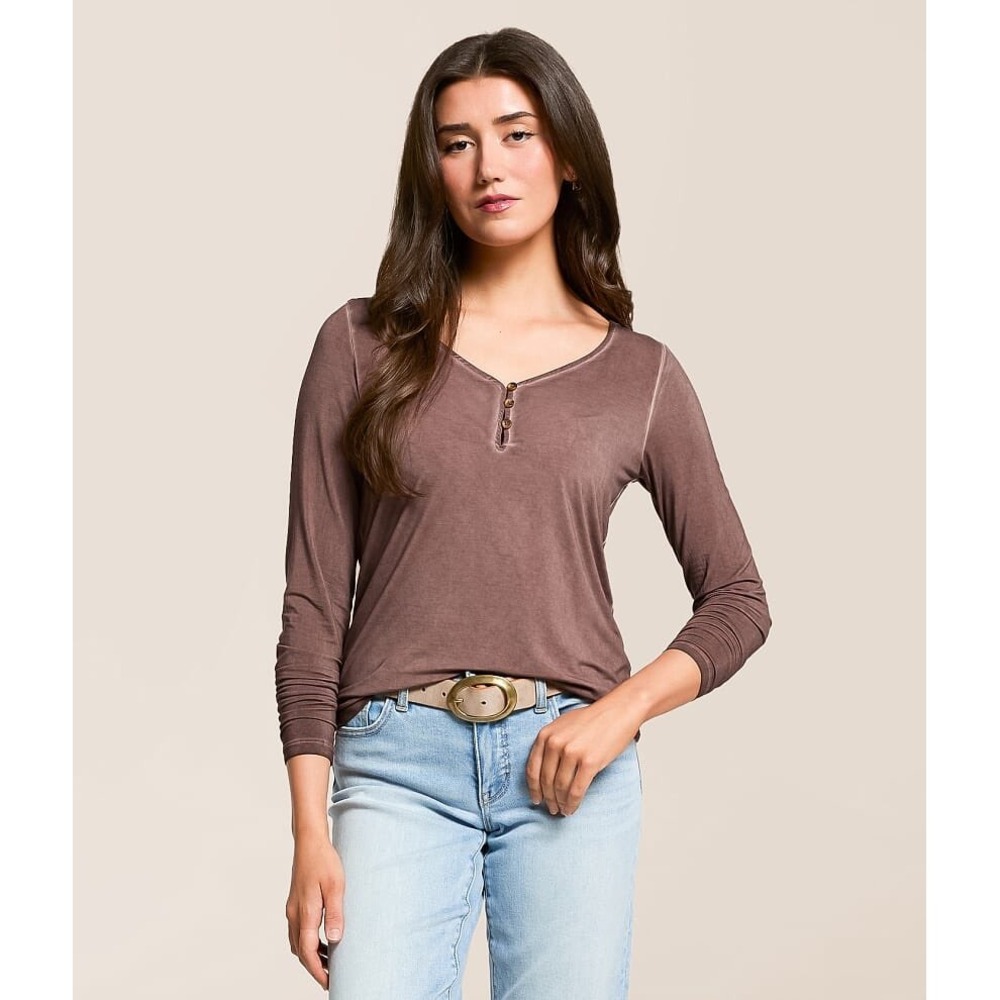 White Crow Womens Mauve Mineral Wash Long Sleeve Henley Top Size Large